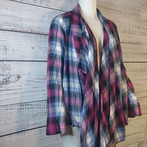 Womans Top sz S/P Pink Purple Black Plaid Open Waterfall Front Long Sleeve - Picture 2 of 7